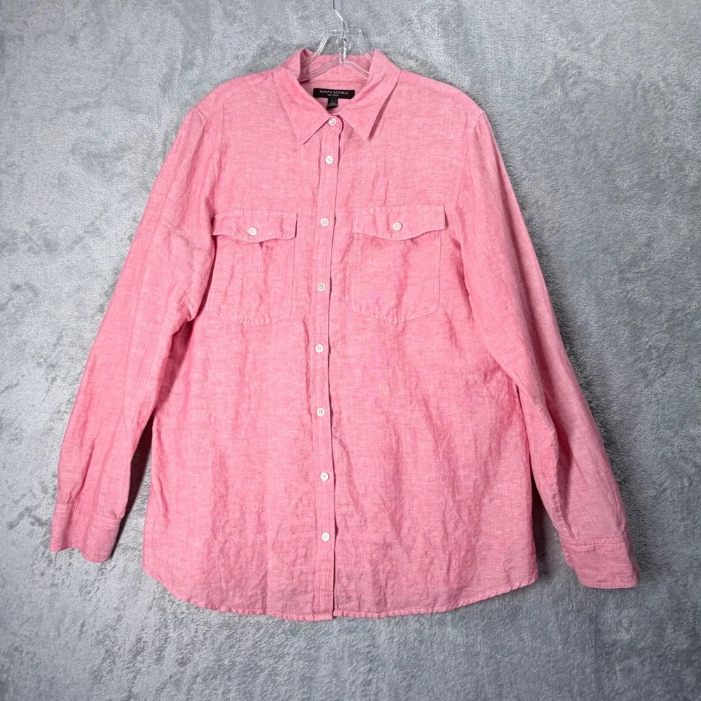 Banana Republic Shirt Mens Large Pink Linen Blend Long Sleeve Dual Pocket Casual